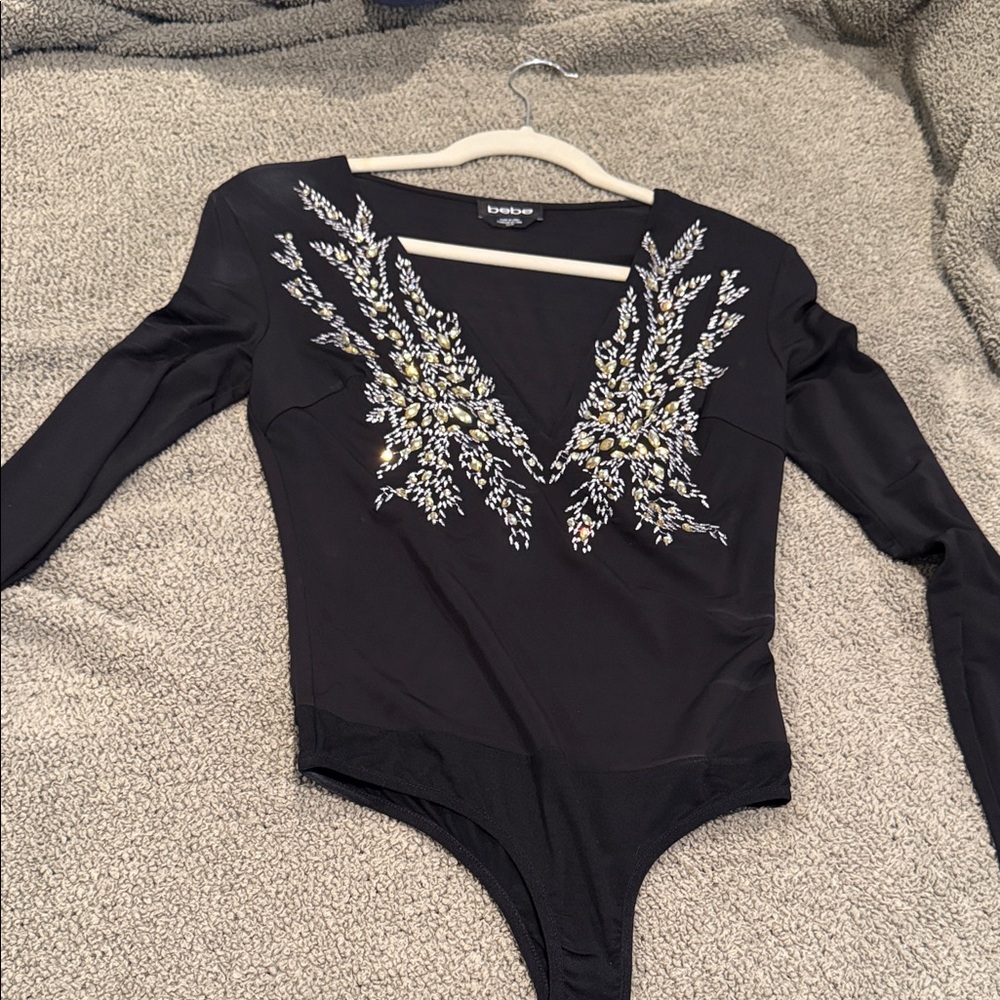 bebe Black Bodysuit with Silver and Gold Embroidery